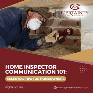 A home inspector, equipped with protective gear and a flashlight, carefully examines the condition of a brick foundation in a crawl space.