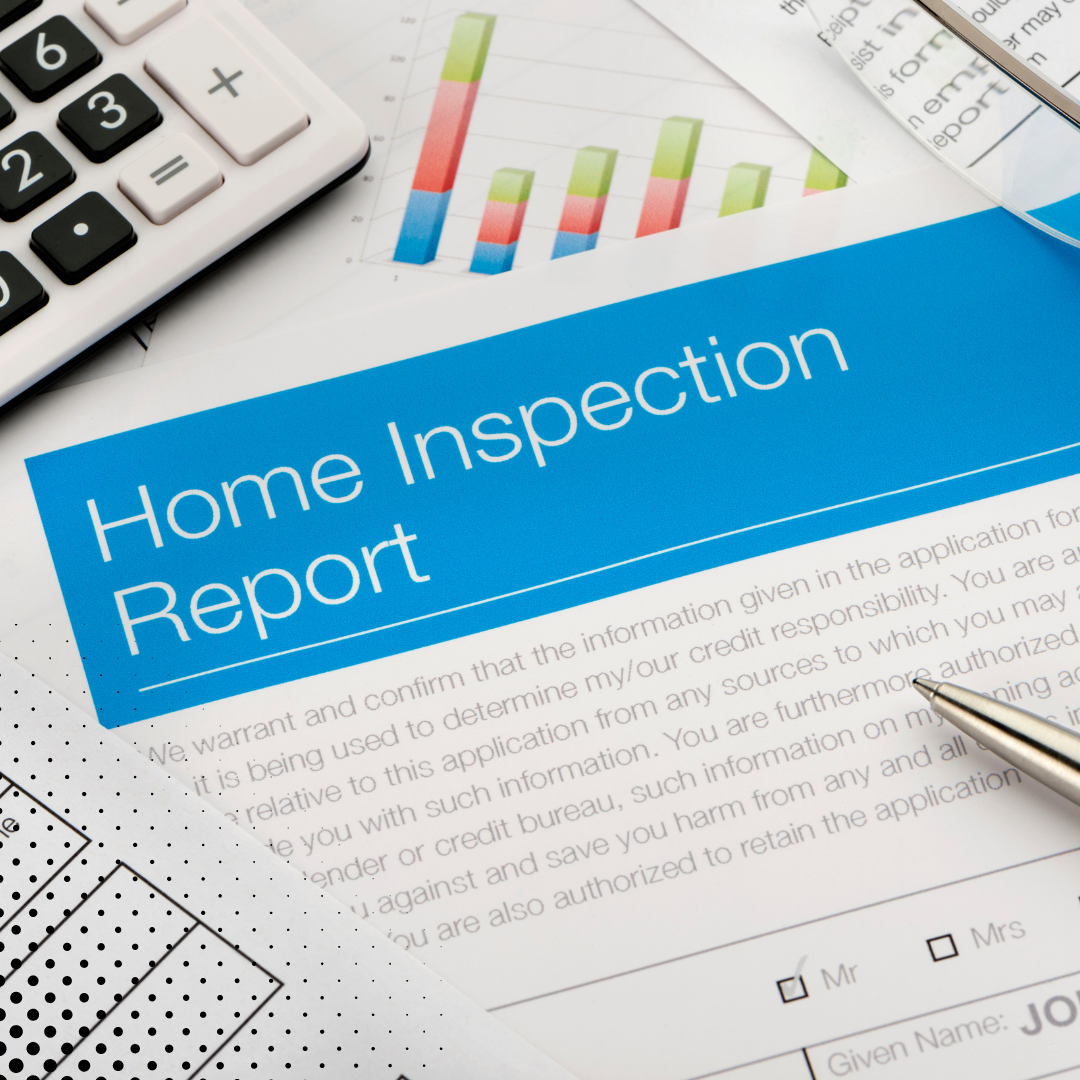 "Home Inspection Report" document alongside a calculator, pen, and financial charts