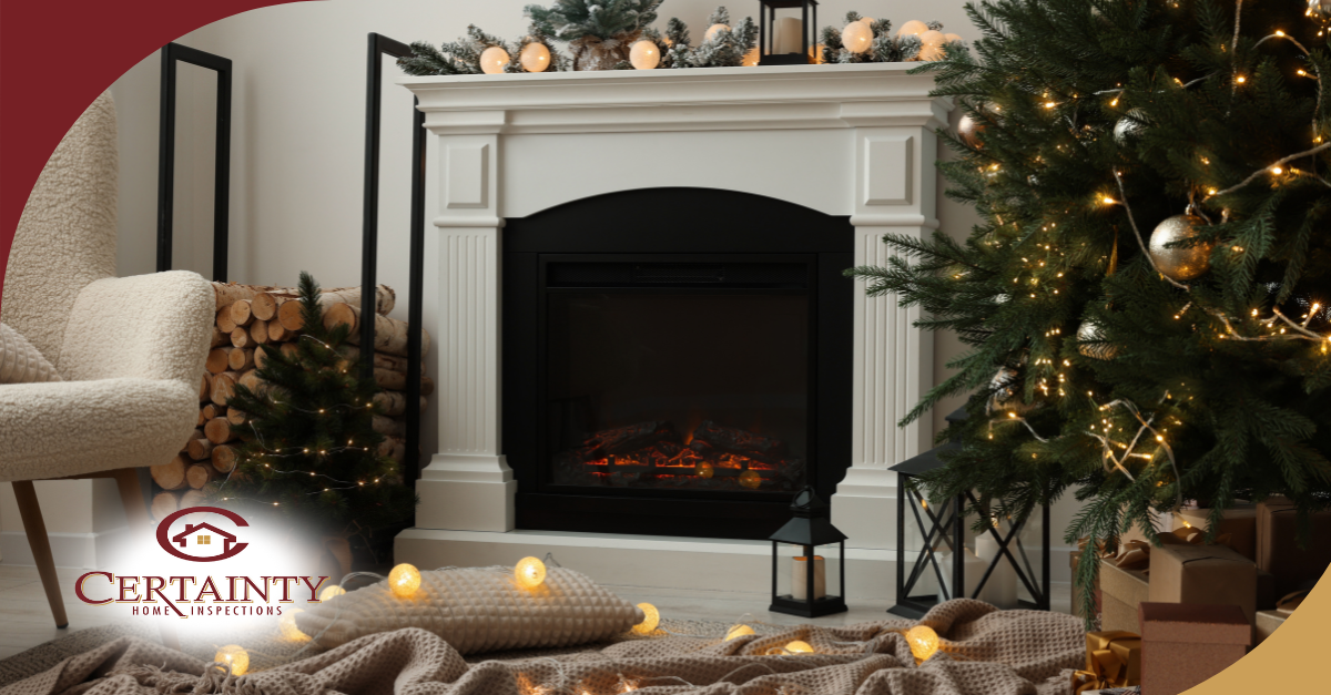 Cozy holiday scene with decorated fireplace and Christmas tree.