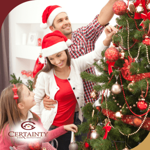 A cheerful family dressed in festive attire