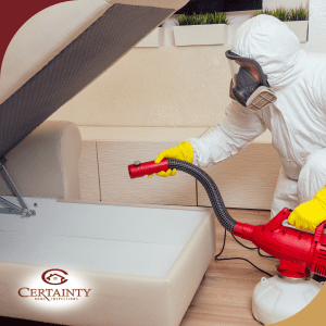 Pest control technician in protective gear fumigating a bed for pest treatment.