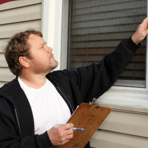 Home inspector examining the exterior window frame with a clipboard in hand.