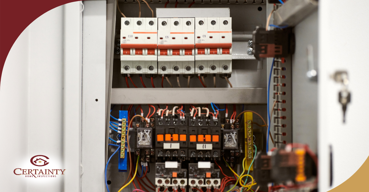 Open electrical panel with wiring and circuit breakers.